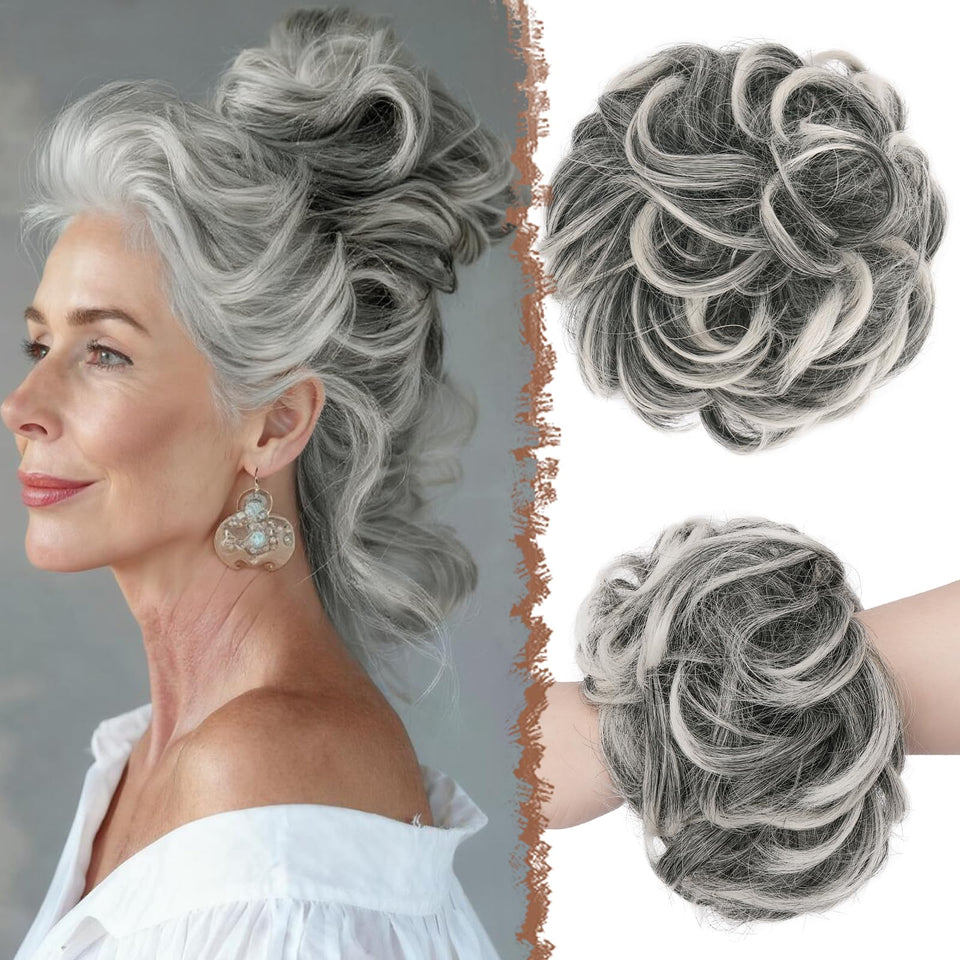 FESHFEN front view of large messy bun showing full volume and natural finish