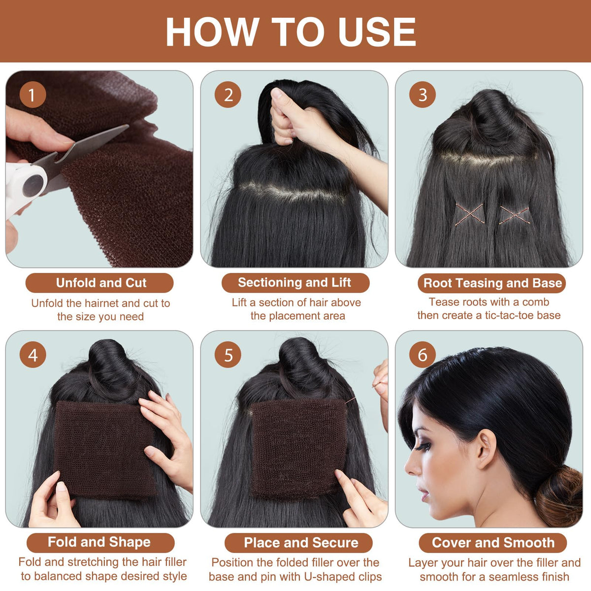 FEUNLEM sponge beside common hairbrush showing size and easy concealment for natural results