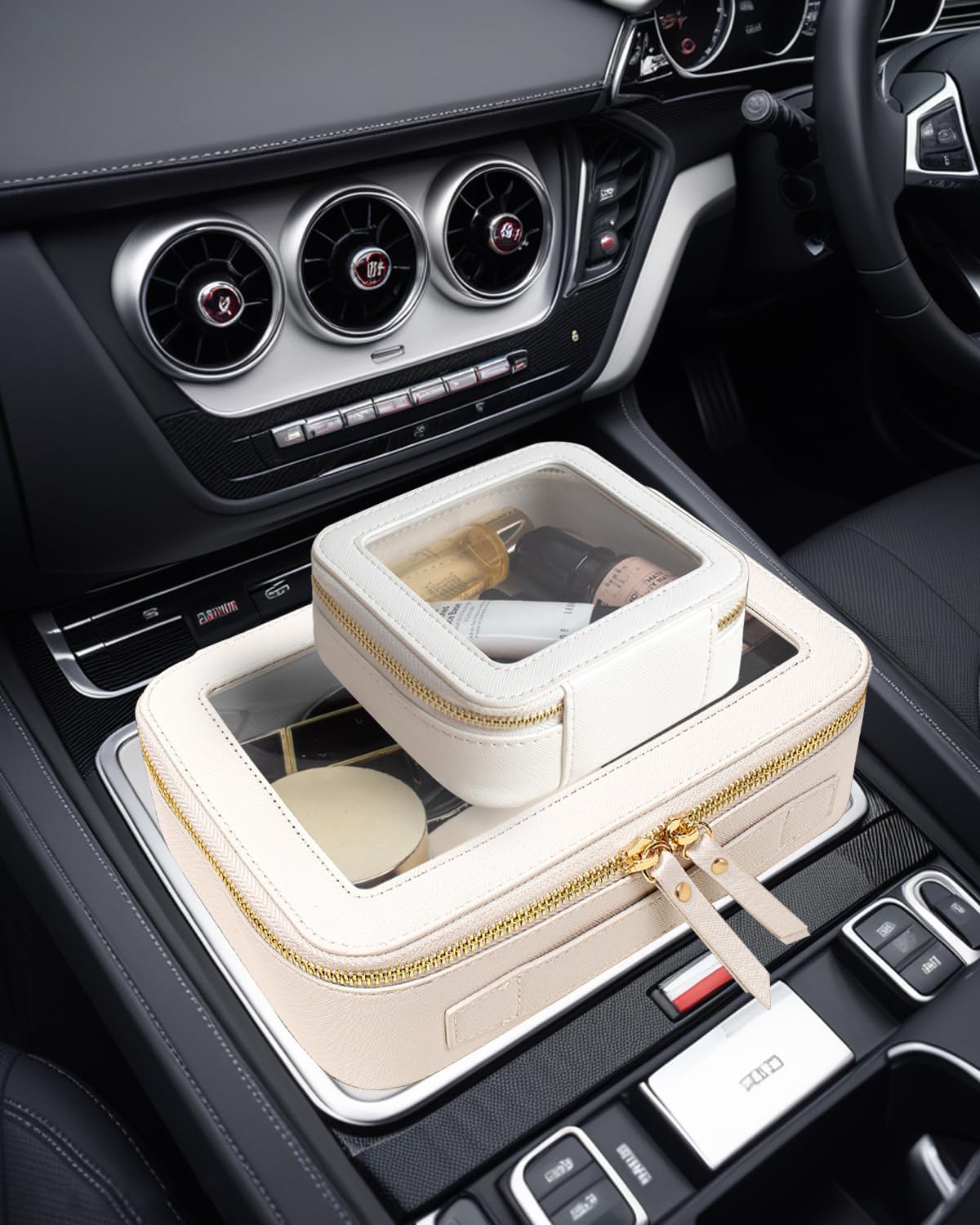 FFpaw pouch placed in car console showing practical on-the-road storage