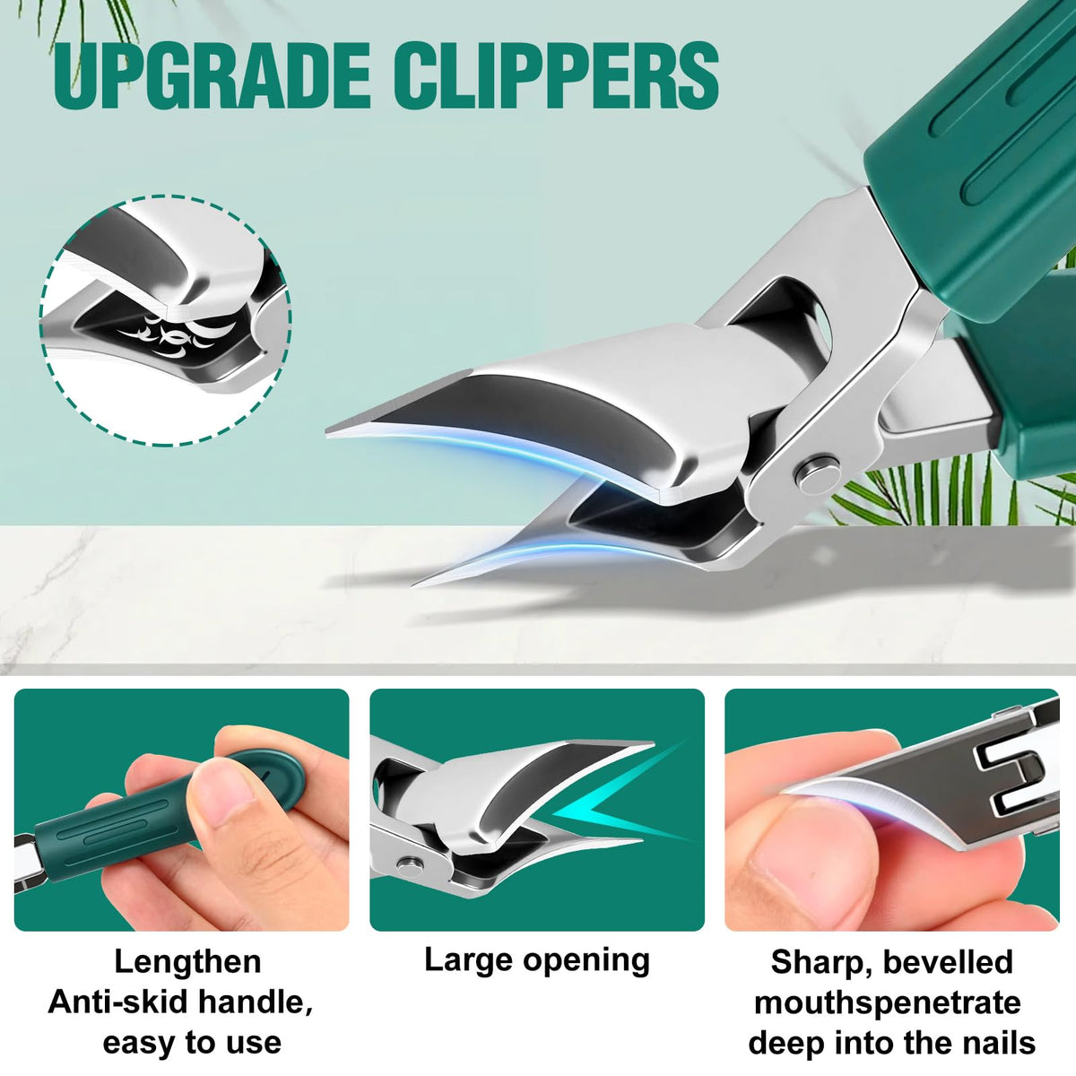 FFyeiiy wide jaw open demonstrating room for thick nails and cleaner cuts benefit