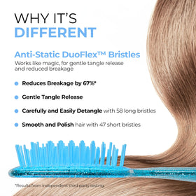 close-up of UNbrush DuoFlex anti-static bristles smoothing hair for reduced breakage
