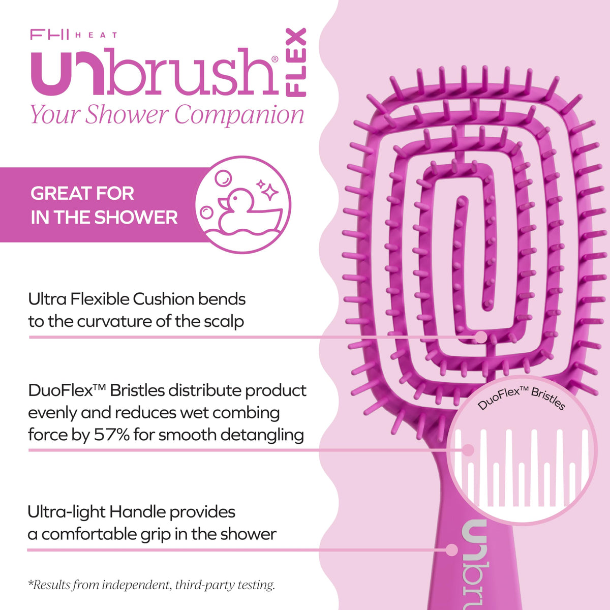 FHI Heat bent UNbrush Flex cushion base demonstrating scalp-adaptive flexibility