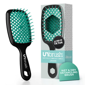 FHI Heat UNbrush front view showing lagoon color and compact design benefit portability