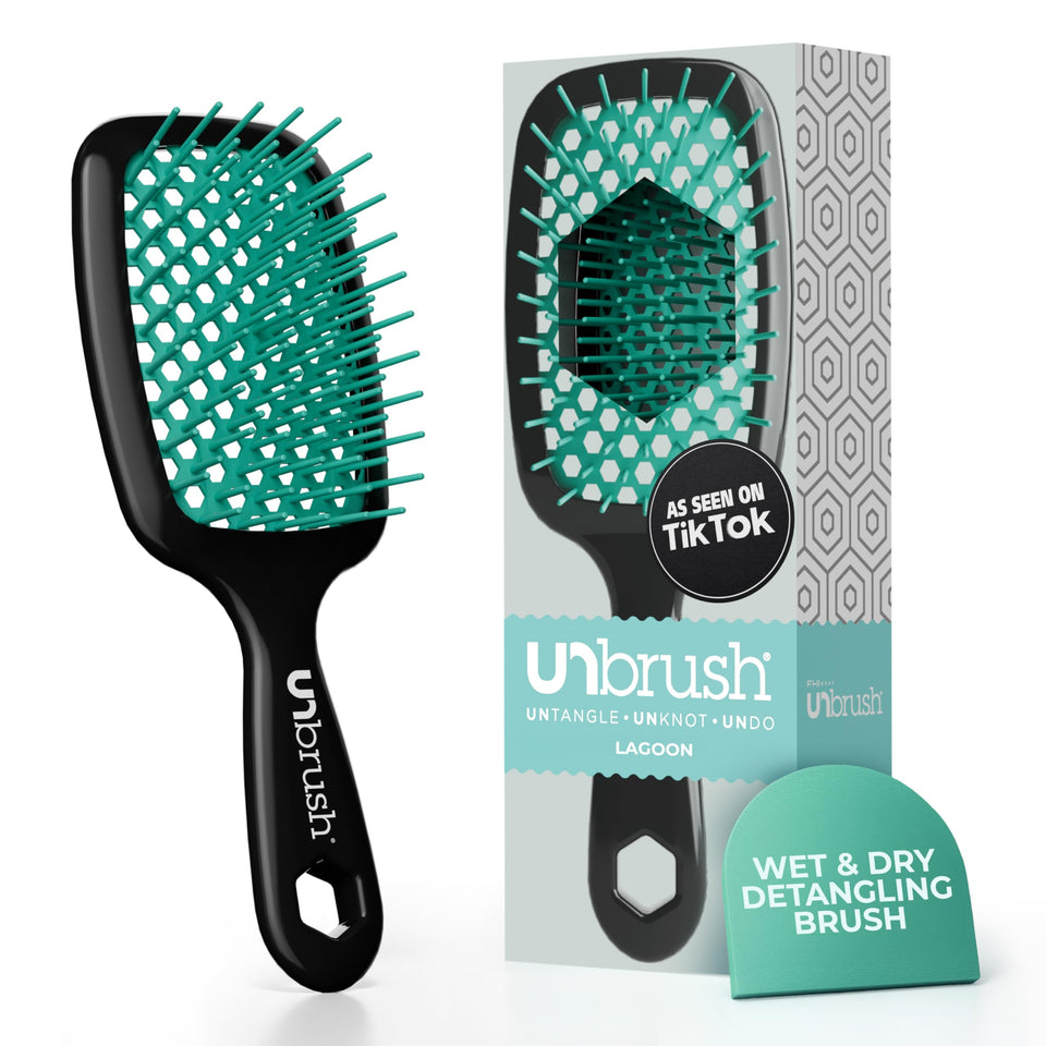 FHI Heat UNbrush front view showing lagoon color and compact design benefit portability