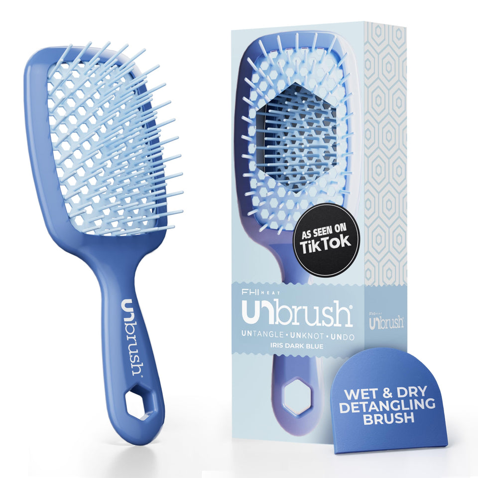 FHI Heat front view of UNbrush in iris dark blue showing ergonomic handle and color