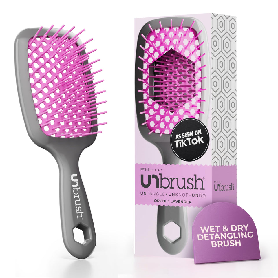 FHI Heat Unbrush front view in lavender and grey showing compact shape and easy grip