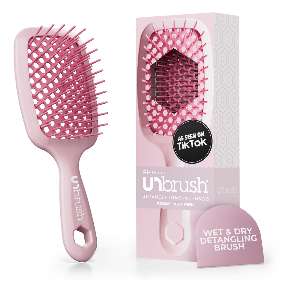 FHI Heat UNbrush front view showing peony pink brush and ergonomic handle providing comfortable grip