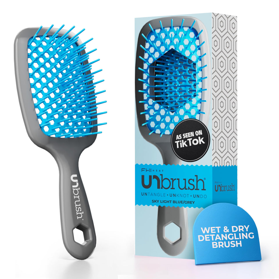FHI Heat UNbrush front view showing light blue and grey finish for gentle detangling