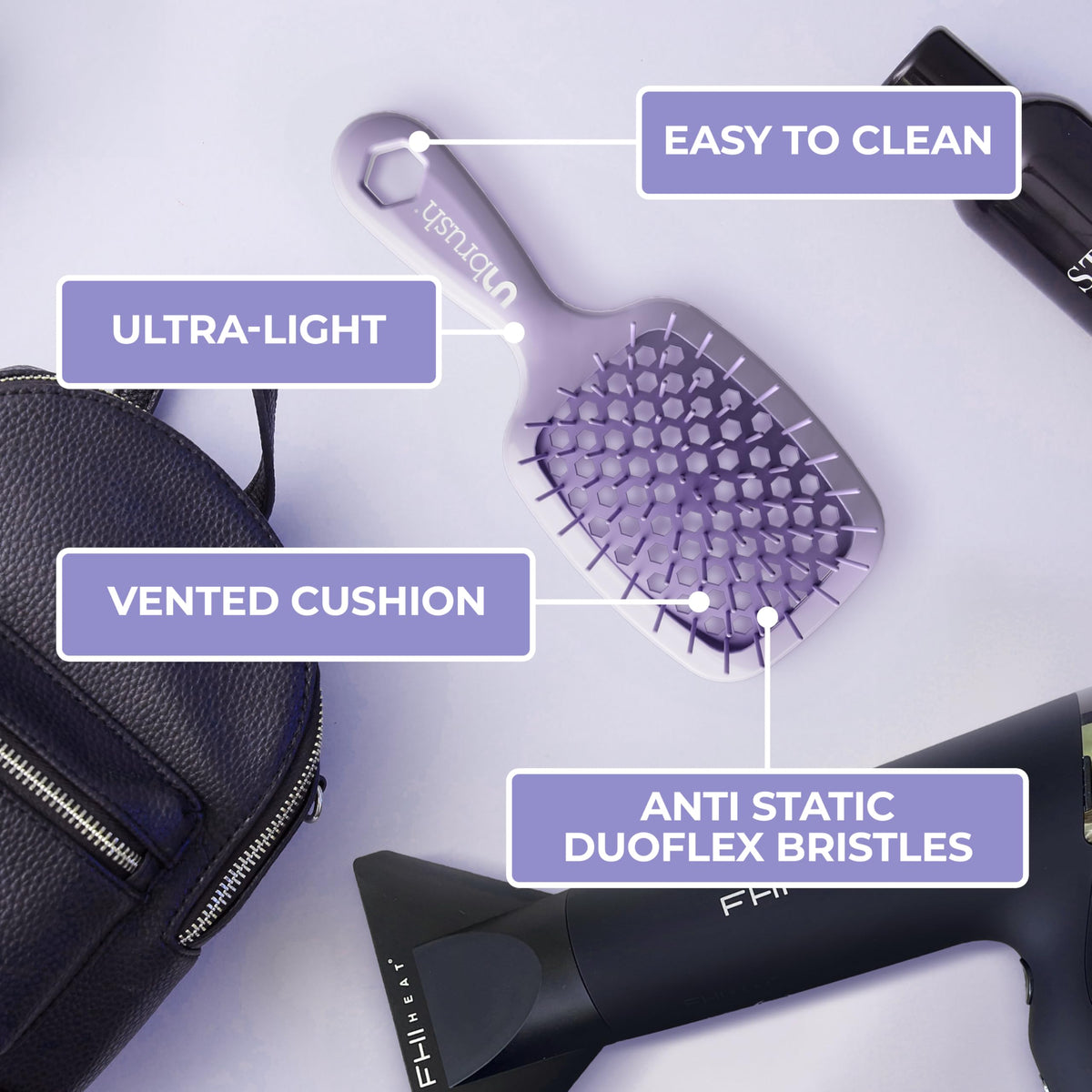 FHI Heat smoothing dry hair with brush showing polished finish and frizz control