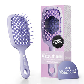FHI Heat UNbrush Mini front view showing compact lilac brush and ergonomic handle benefit