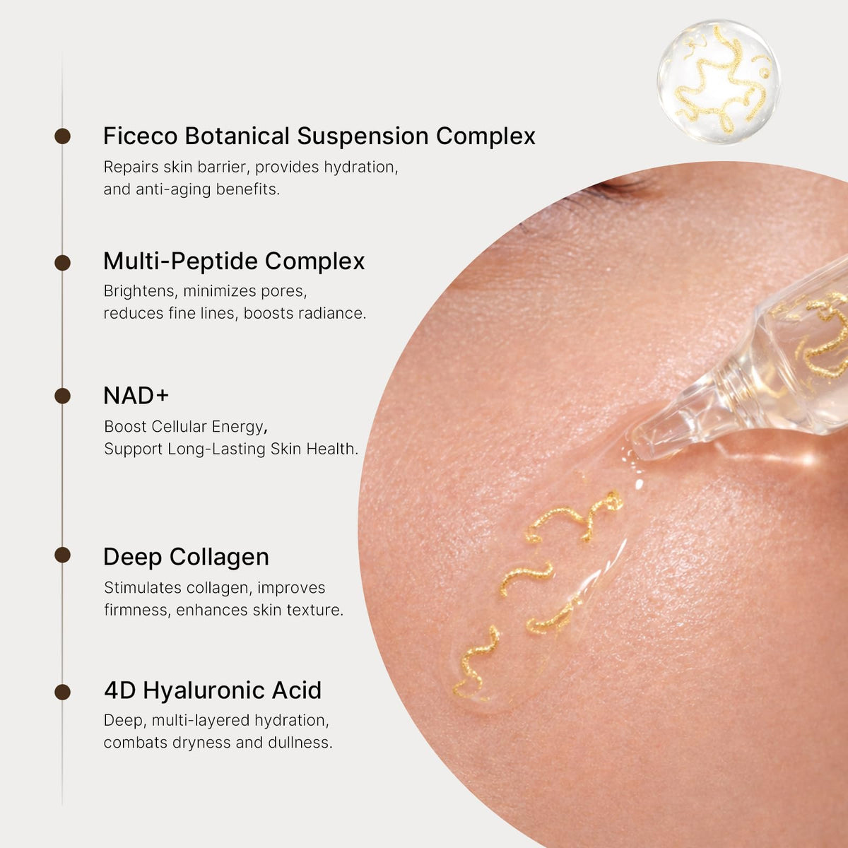 Ficeco silky serum texture close-up for fast absorption benefit