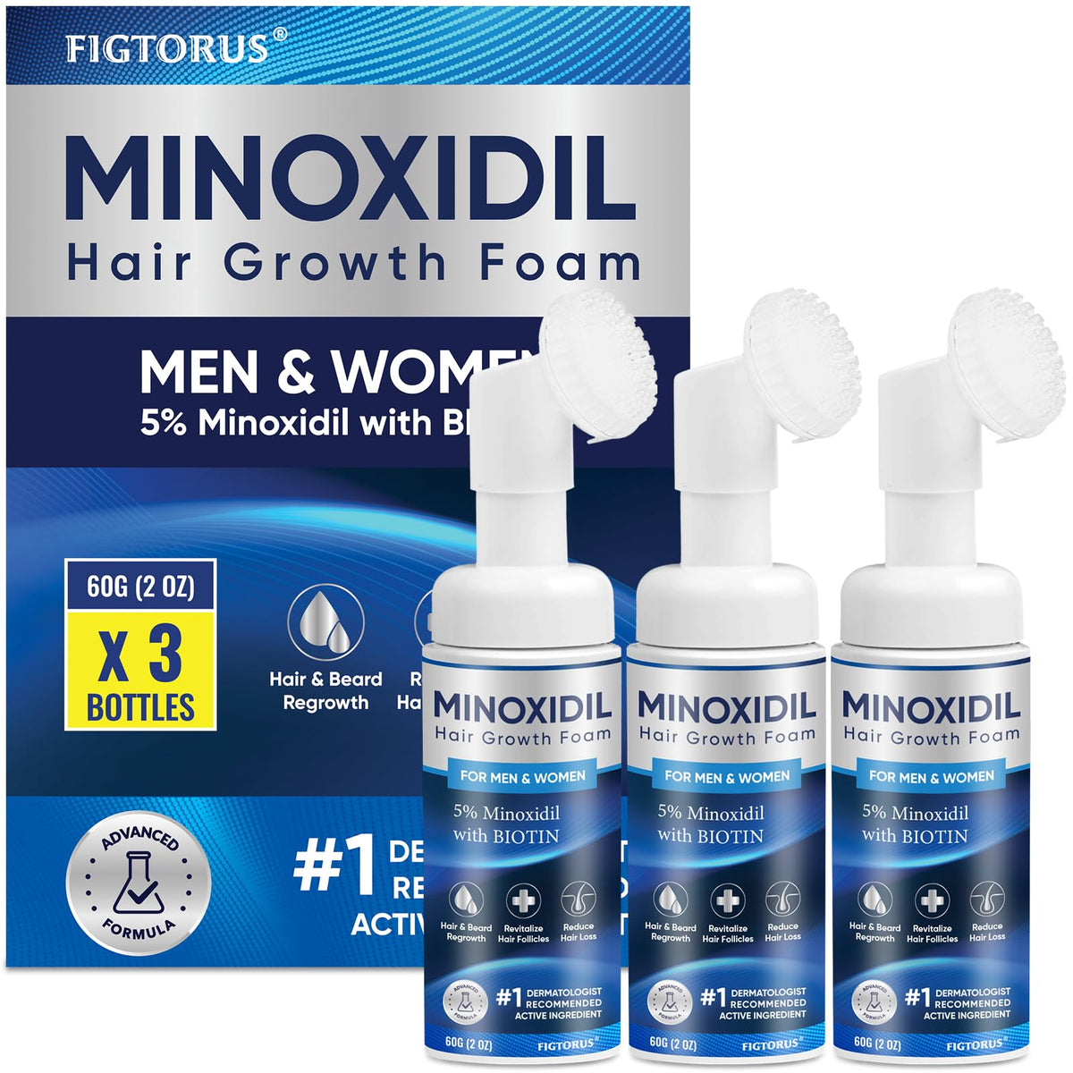 FIGTORUS front packaging showing 5% Minoxidil foam benefits