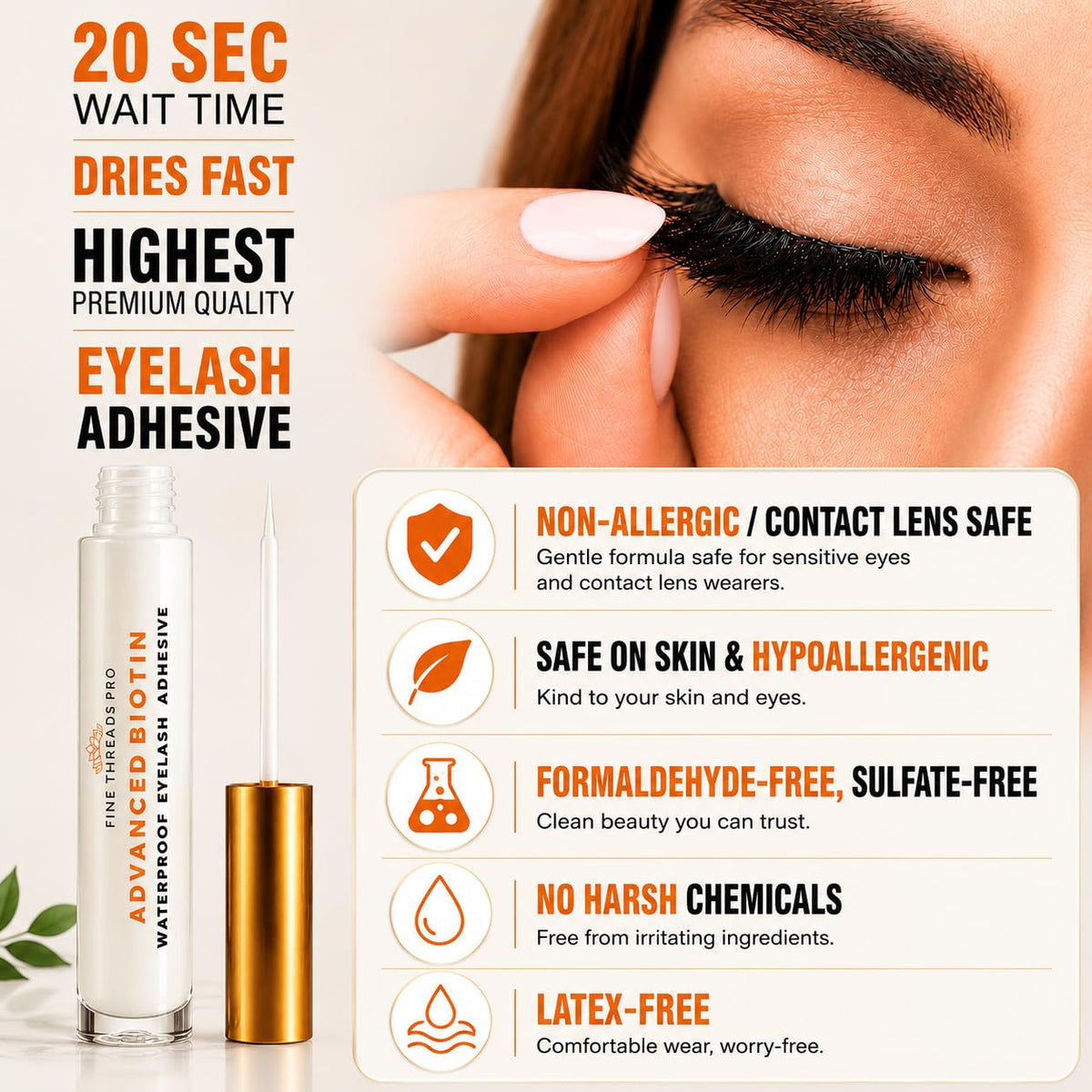 Fine Threads Pro strip lashes applied showing natural clear-dry benefit