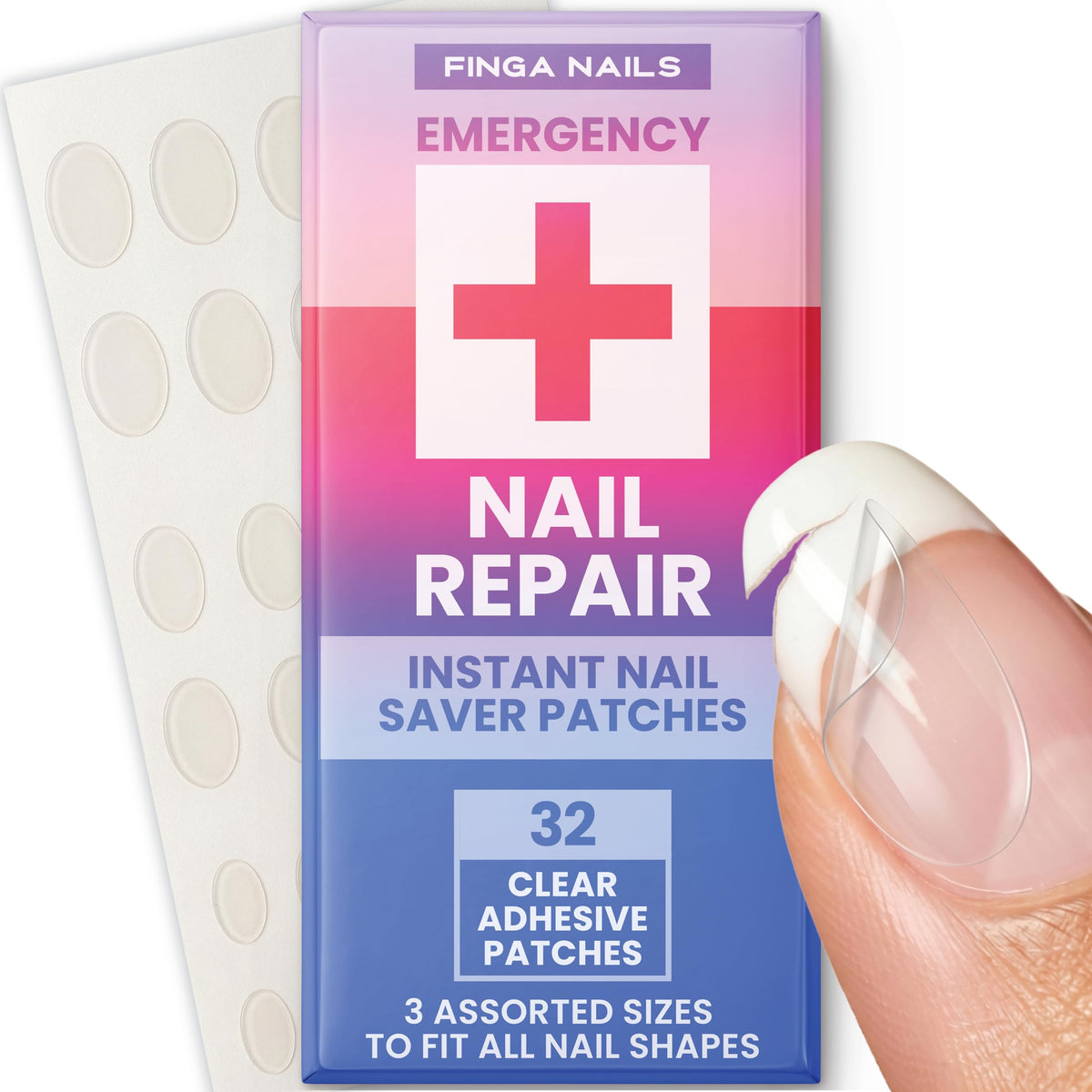Finga-Nails front packaging showing repair sheets and benefit of instant protection