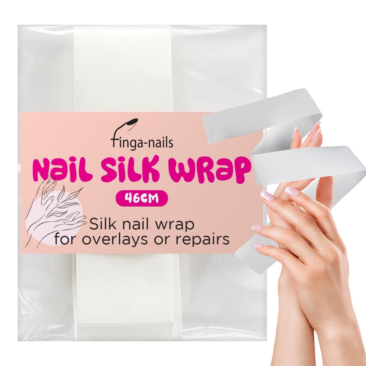 Finga-Nails front packaging showing 46cm silk wrap kit benefit of easy repairs