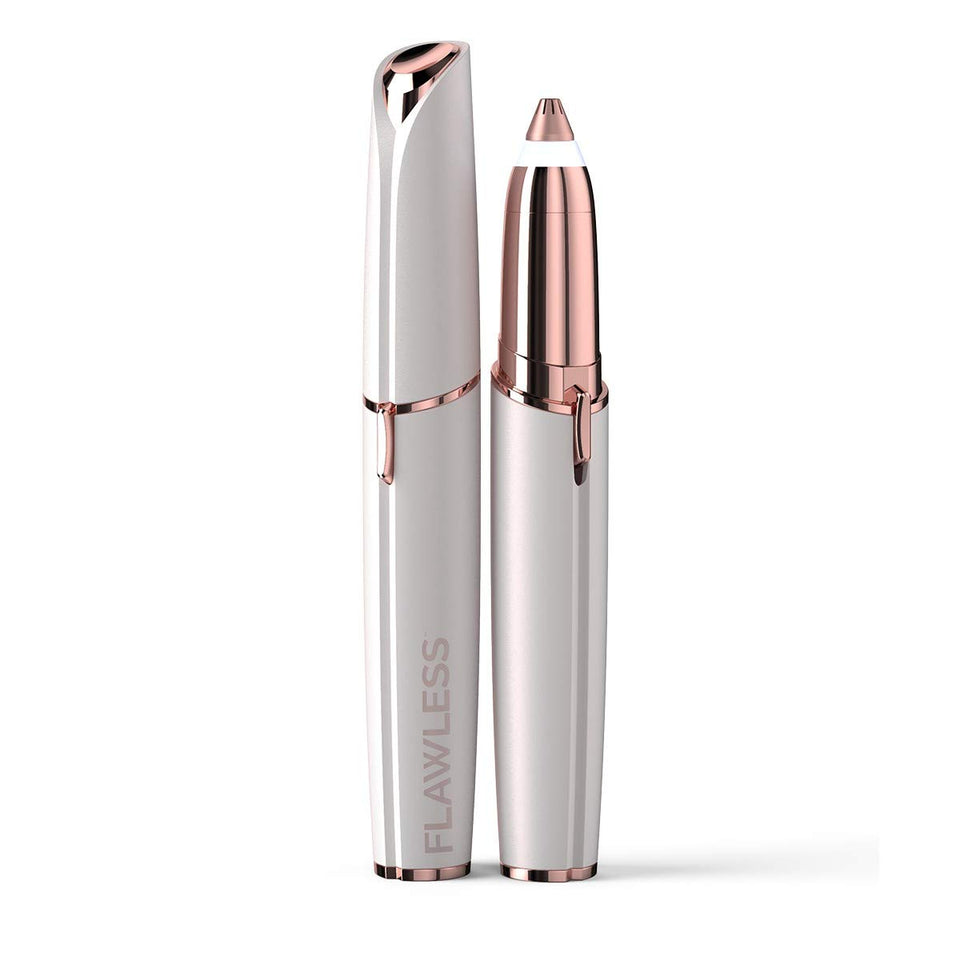 Finishing Touch front view showing compact eyebrow razor and benefits of portability