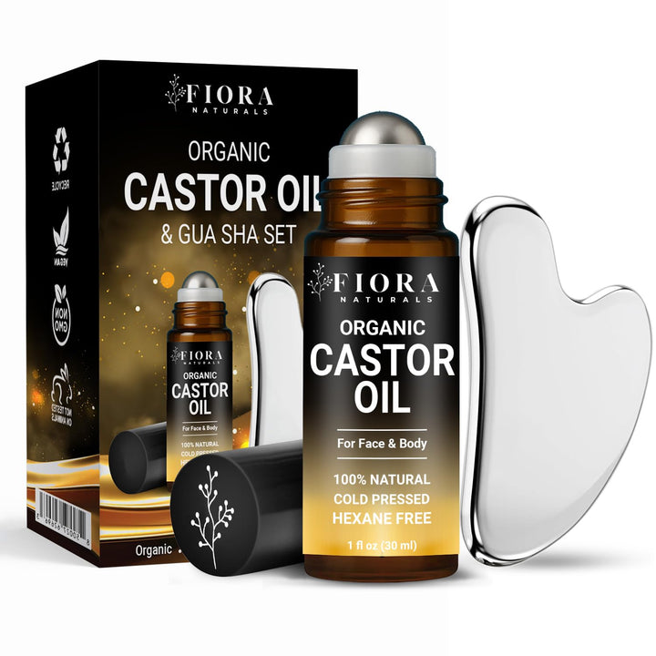 Fiora Naturals front packaging showing gua sha and roll‑on for convenient routine