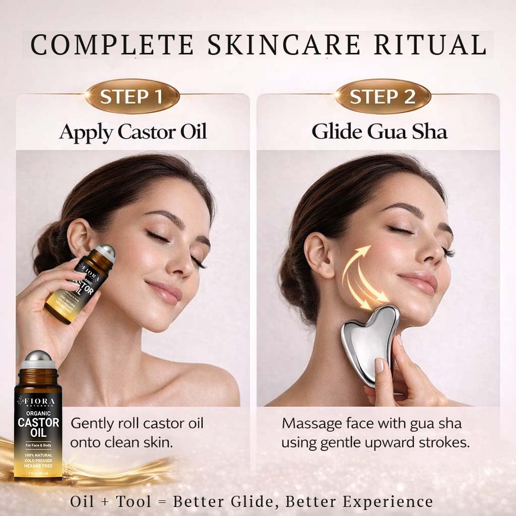 Fiora Naturals gua sha close‑up edge highlighting cool stainless steel benefit