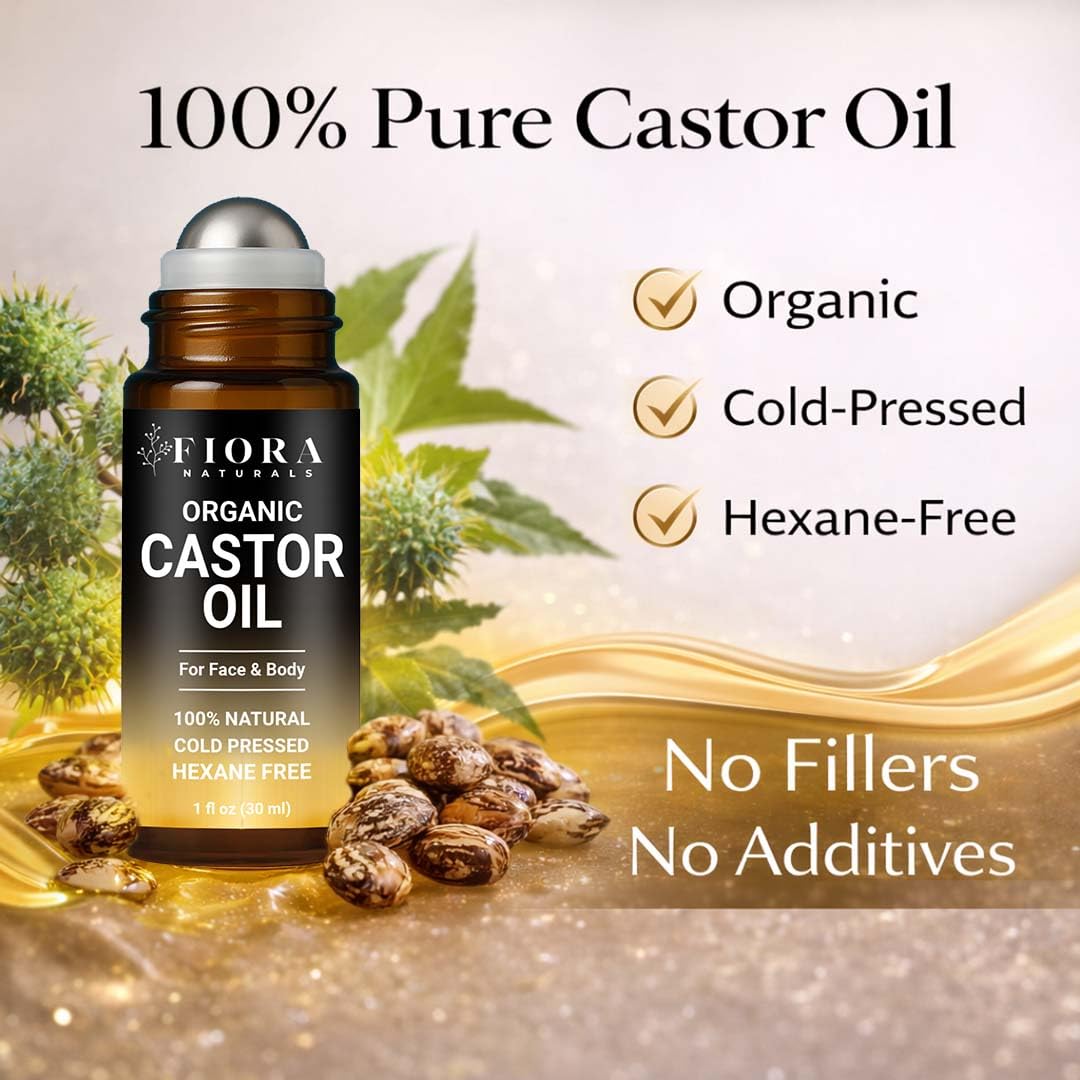 Fiora Naturals roll‑on applying castor oil for targeted, mess‑free glide