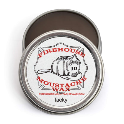 Firehouse Moustache Wax front tin showing label and compact size benefit