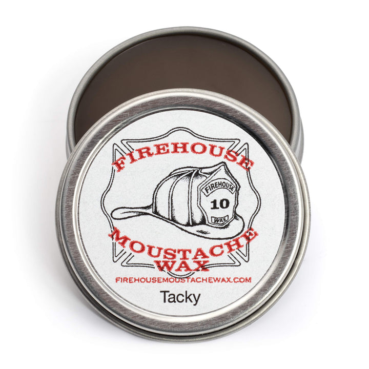 Firehouse Moustache Wax front tin showing label and compact size benefit