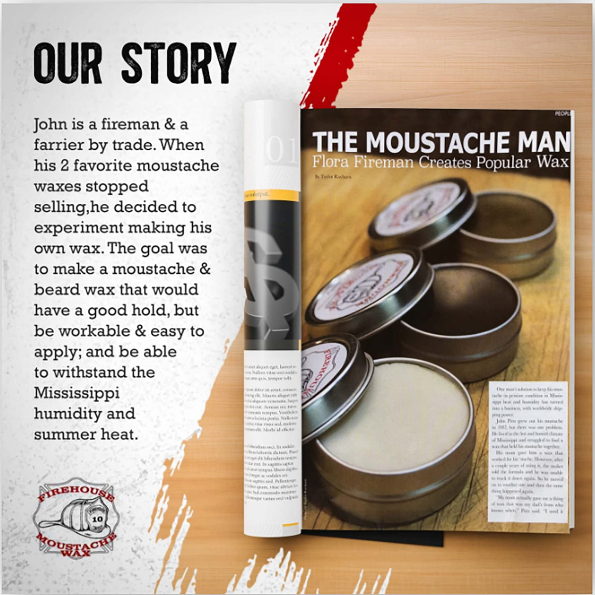 Firehouse Moustache Wax in outdoor setting on a man wearing a hat for all-weather hold