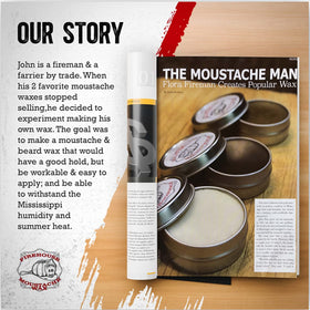 Firehouse Moustache Wax in outdoor setting on a man wearing a hat for all-weather hold
