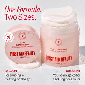 First Aid Beauty jar on bathroom shelf in a minimalist skincare setup
