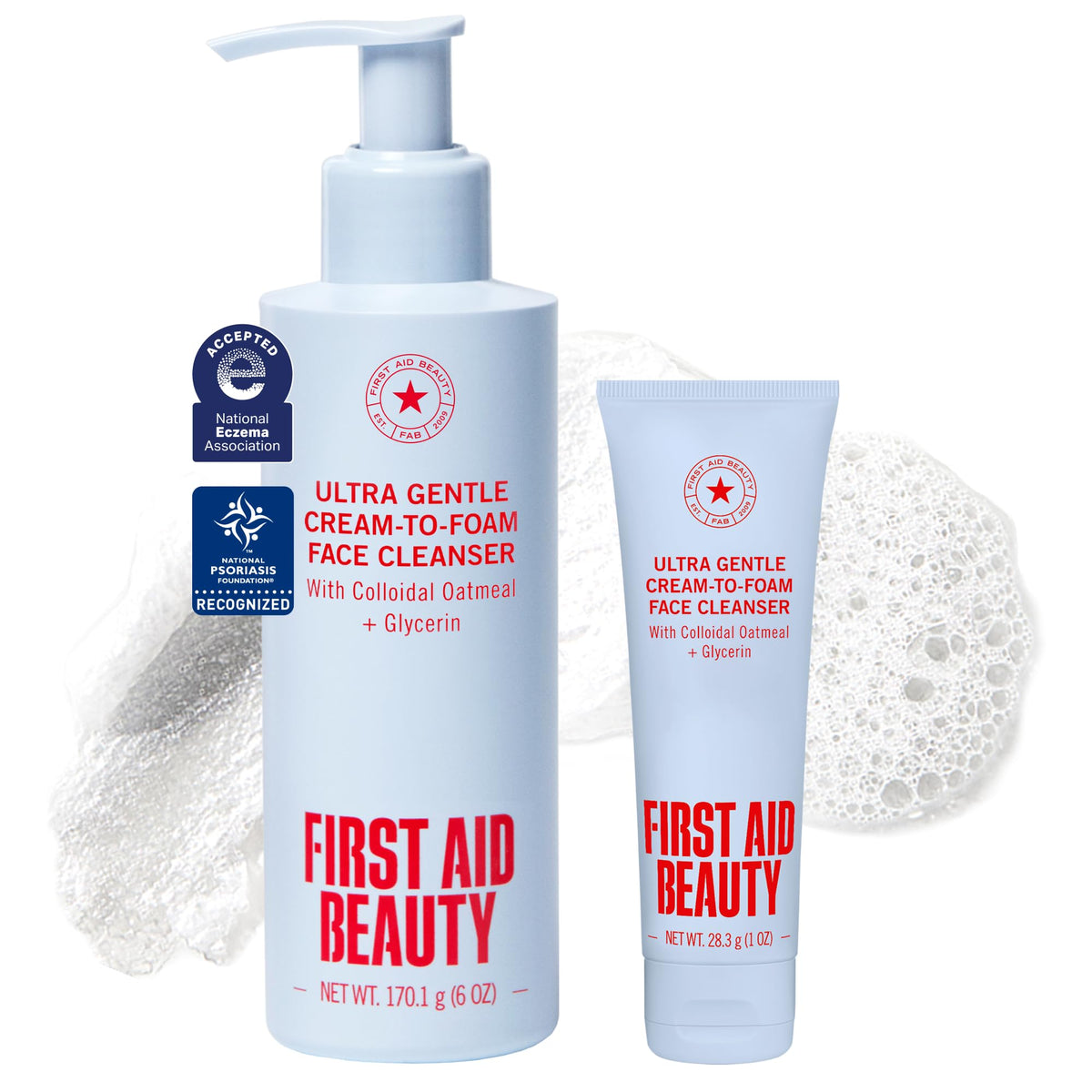 First Aid Beauty front pump bottle showing product and hygienic dispenser benefit