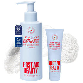 First Aid Beauty front pump bottle showing product and hygienic dispenser benefit