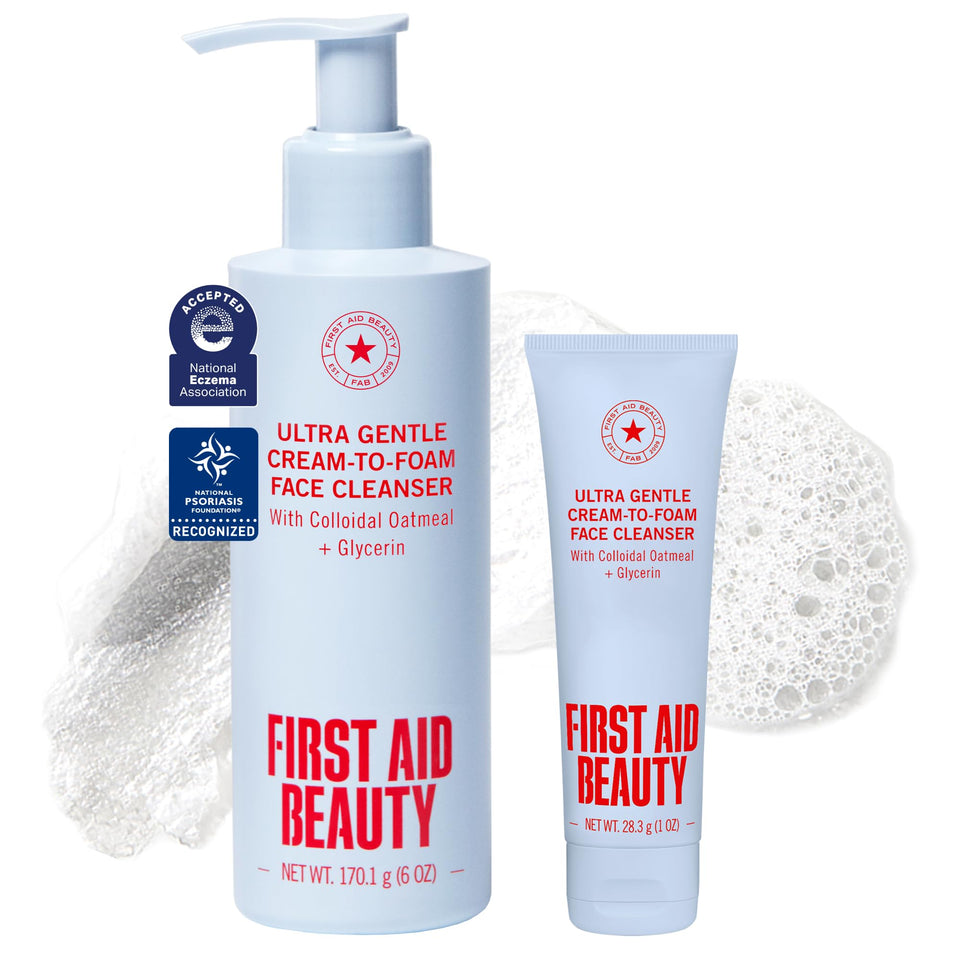 First Aid Beauty front pump bottle showing product and hygienic dispenser benefit