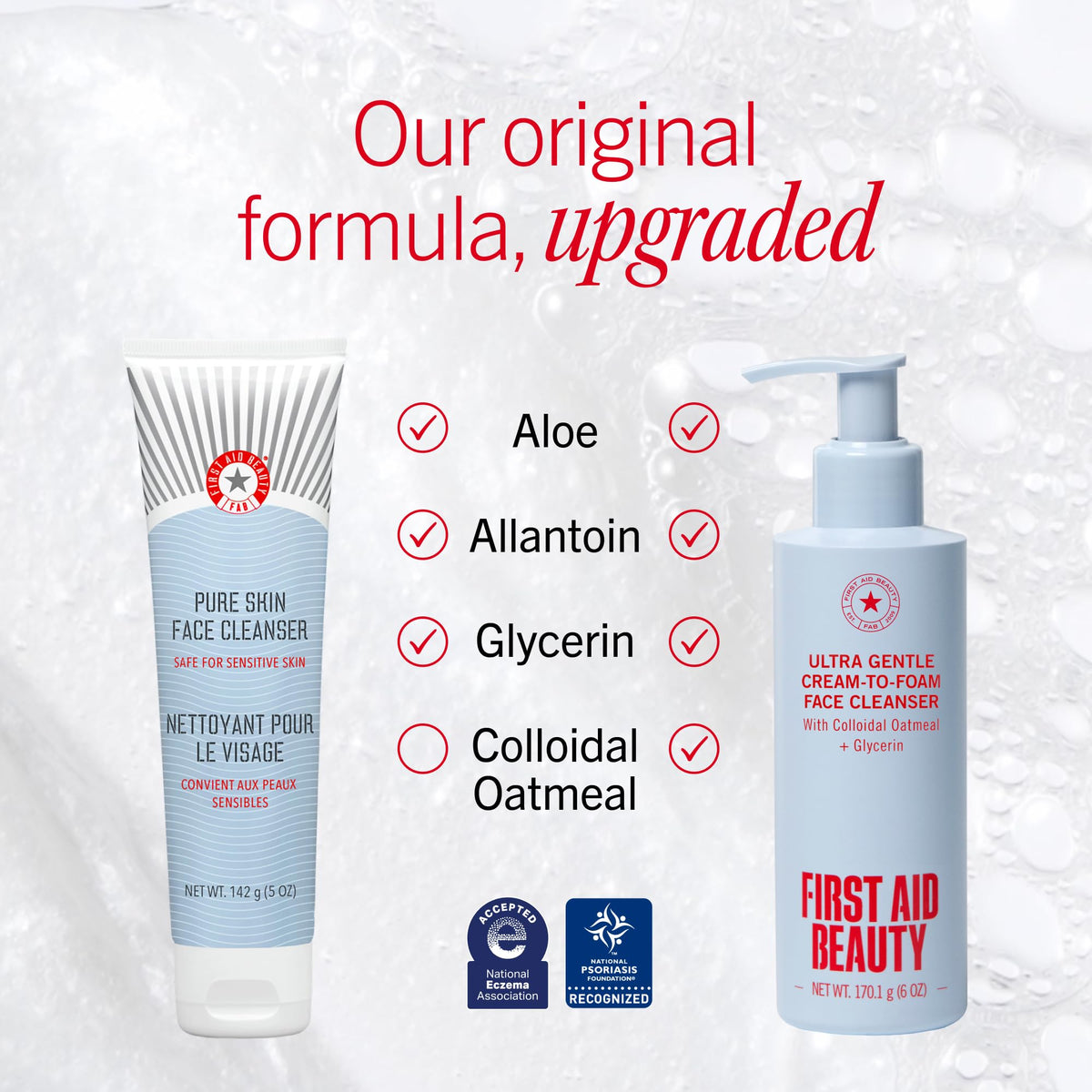 First Aid Beauty cream-to-foam texture close-up illustrating gentle lather benefit