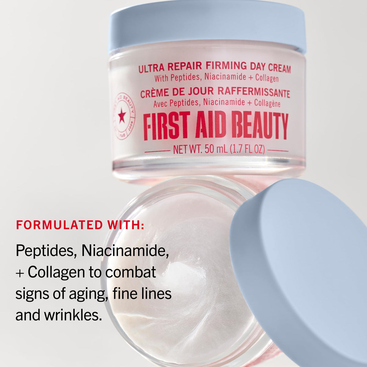 First Aid Beauty applied to model's cheek illustrating visible plumping and smoother-looking skin
