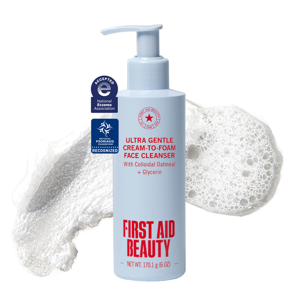 First Aid Beauty front packaging showing 6 oz pump and clean design benefit: clear product ID