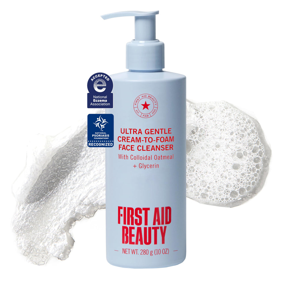 First Aid Beauty pump bottle front view showing clean packaging and easy dispensing