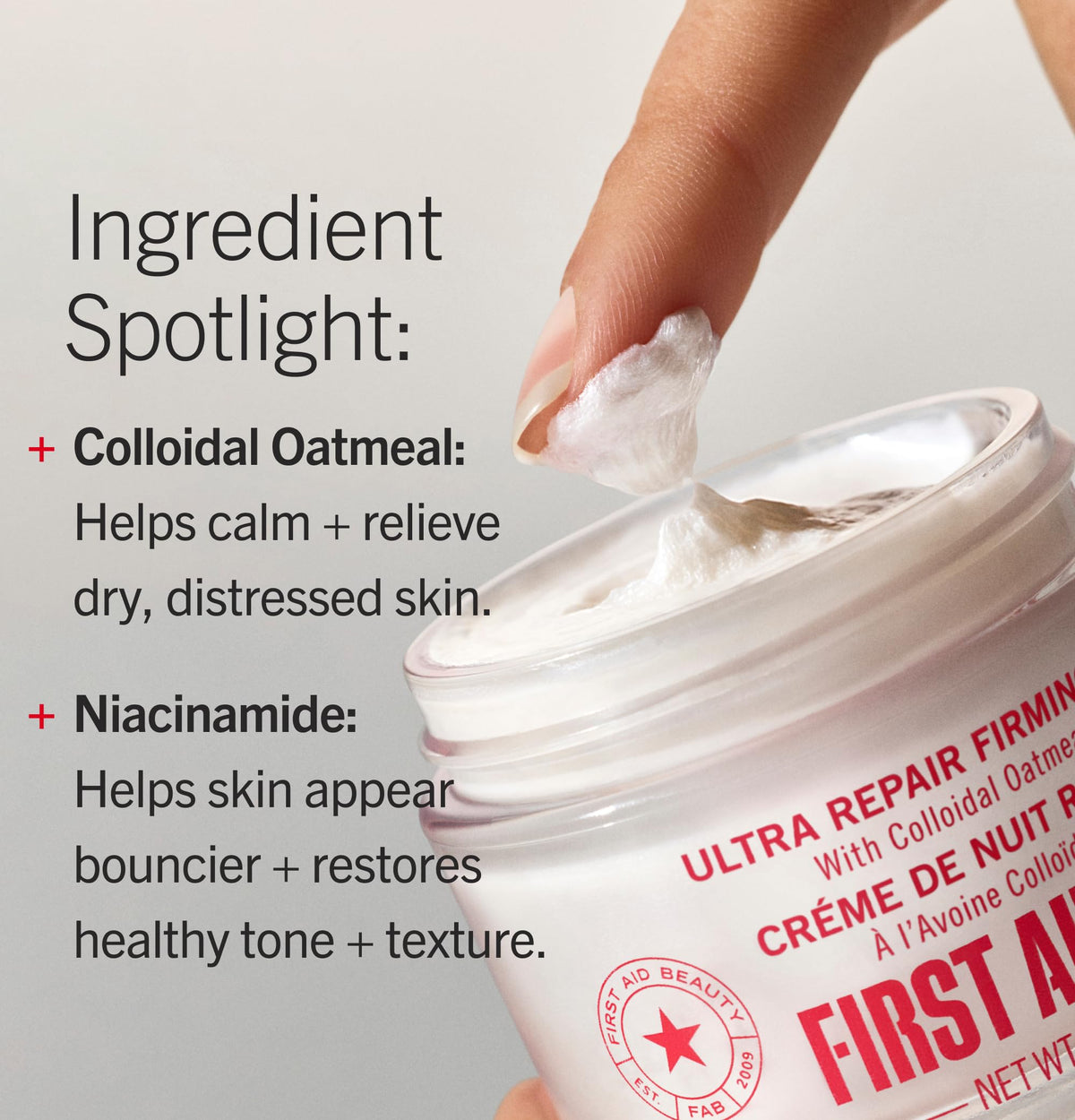 First Aid Beauty open jar with pea-sized amount showing easy application