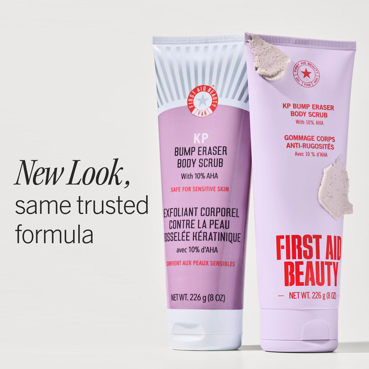 First Aid Beauty open tub texture showing creamy scrub and beads