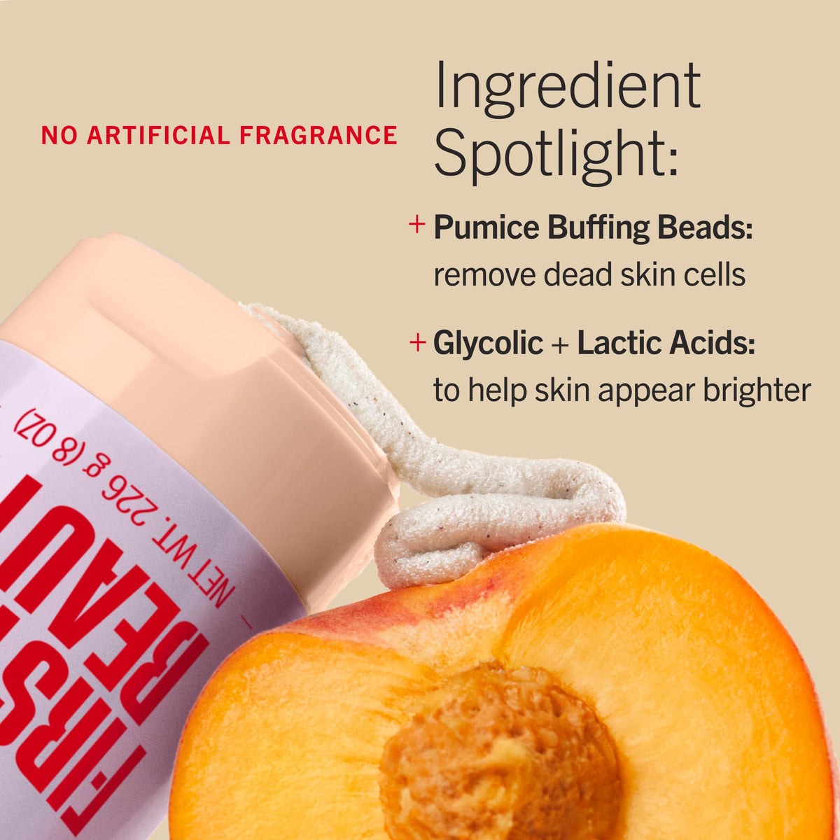 First Aid Beauty scrub dispensed in hand demonstrating gentle exfoliation benefit