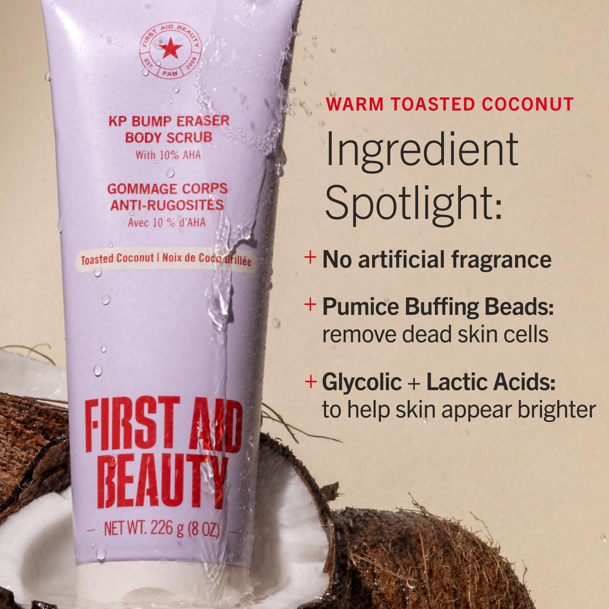 First Aid Beauty open jar top view highlighting creamy scrub and benefits
