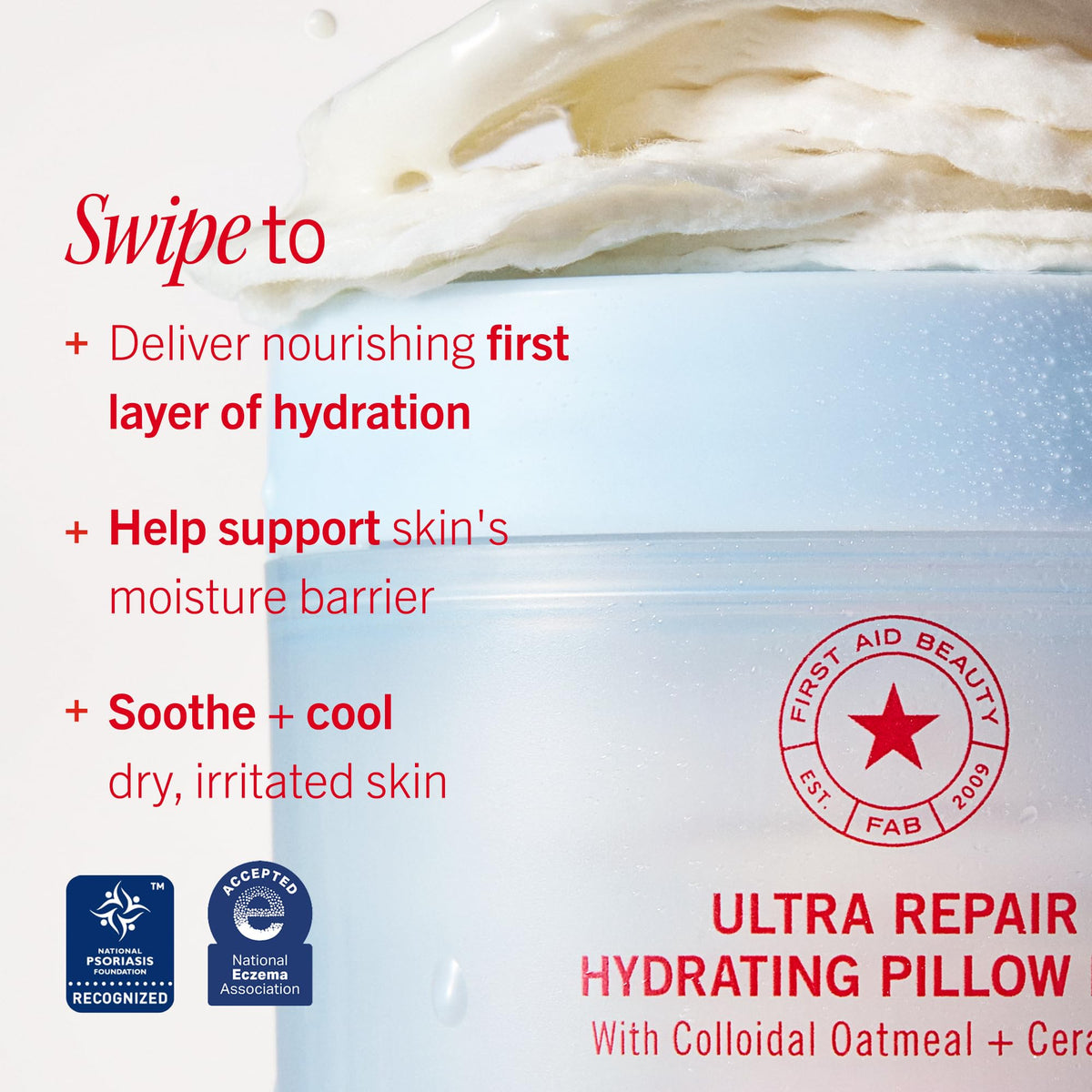 First Aid Beauty pad showing essence droplet for instant cooling relief
