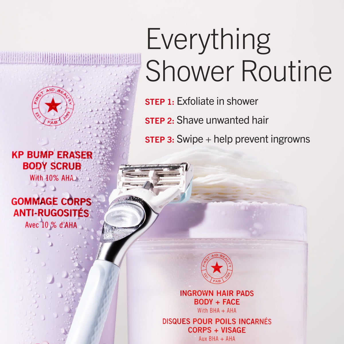 First Aid Beauty pads on a bathroom shelf for daily skincare routine