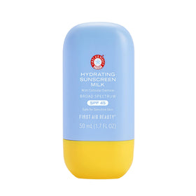 First Aid Beauty front packaging showing SPF 45 and dewy finish benefits