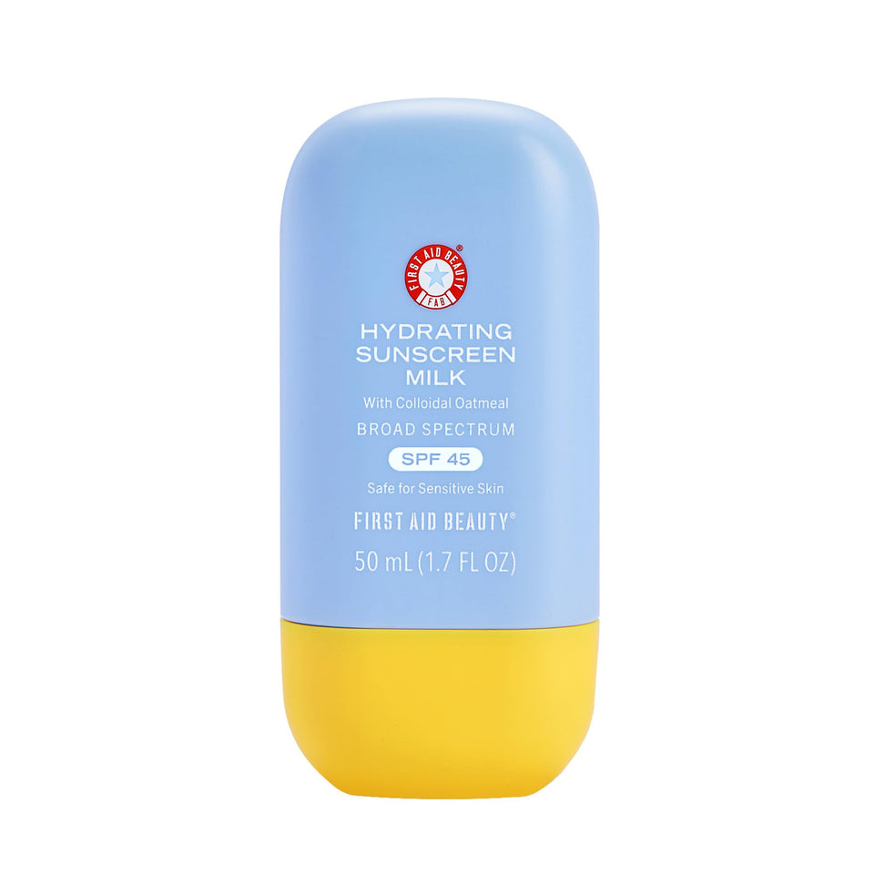 First Aid Beauty front packaging showing SPF 45 and dewy finish benefits