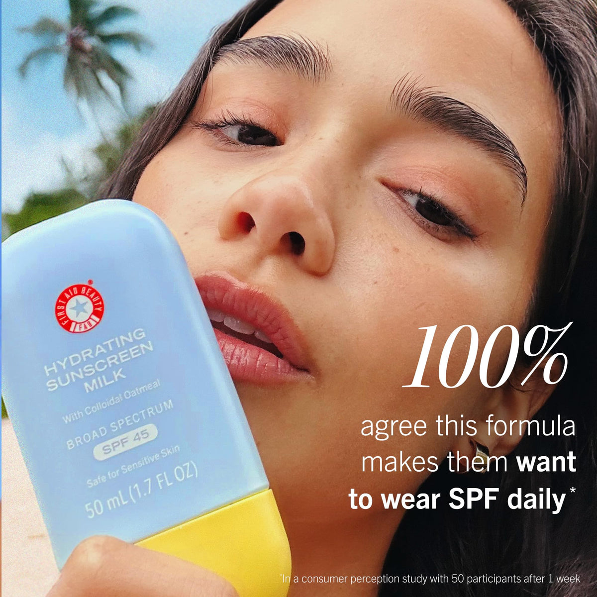 First Aid Beauty travel-size pouch with sunscreen milk for convenient reapplication