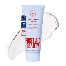 First Aid Beauty front jar view showing packaging and compact travel size benefit