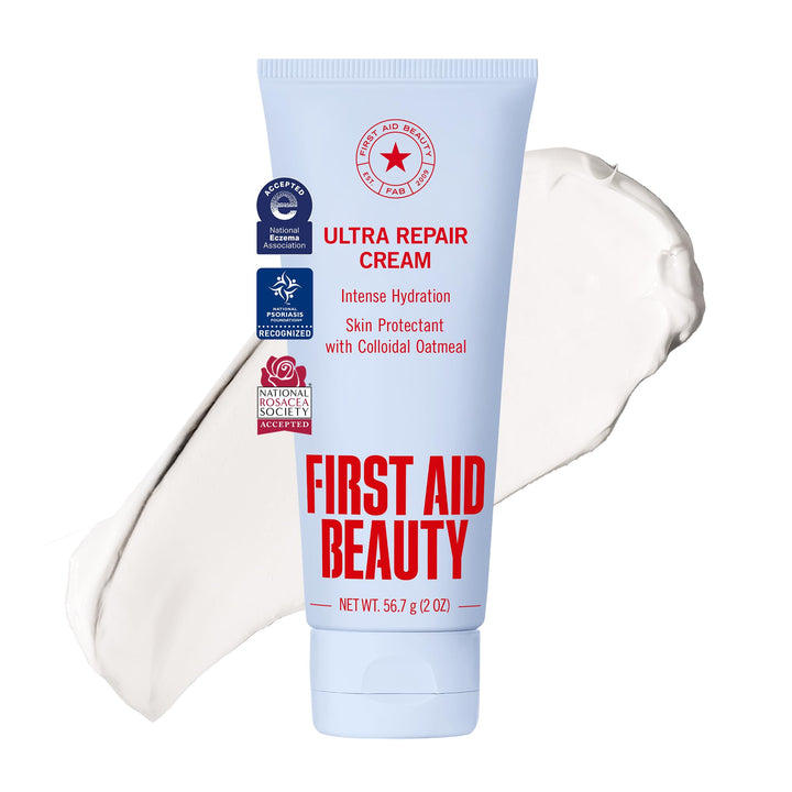 First Aid Beauty front jar view showing packaging and compact travel size benefit