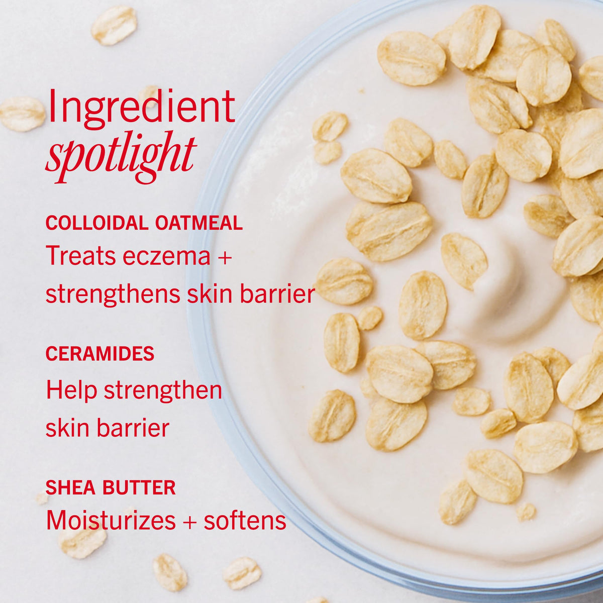 First Aid Beauty ingredient display featuring colloidal oatmeal and shea butter for barrier support