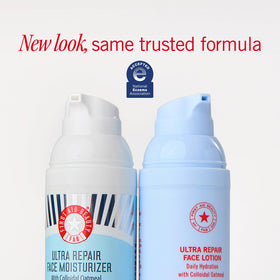 First Aid Beauty opened cap with lotion on fingertip showing smooth spread