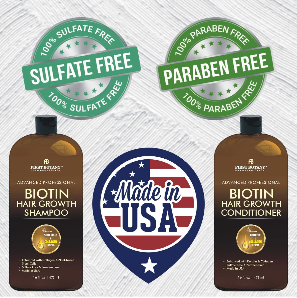 First Botany bottle label close-up highlighting biotin and collagen benefits