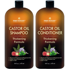 First Botany castor oil shampoo and conditioner front packaging showing 16 oz bottles and benefits